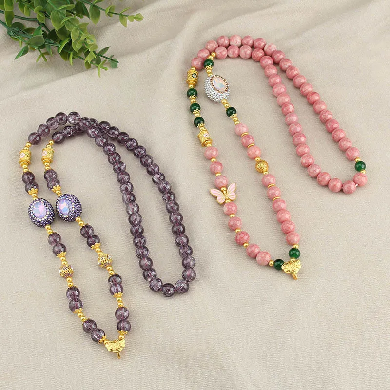 Tangka Anhänger Glas Imitation Amethyst Rosa Perle Frauen Mode Universal Haken Kette Halsketten Schmuck