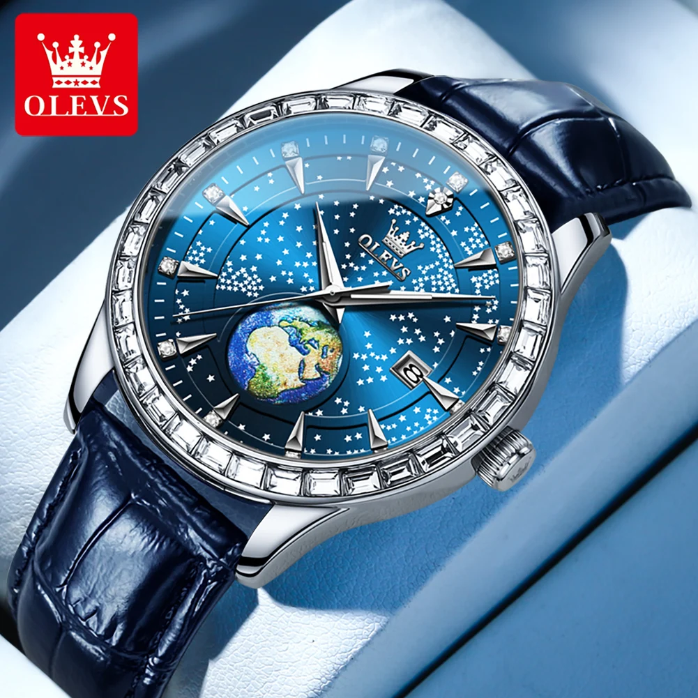 

OLEVS Men's Watches Top Brand Original Quartz Wristwatch Waterproof Leather Strap Watch for Man Earth Luminous Dial Casual
