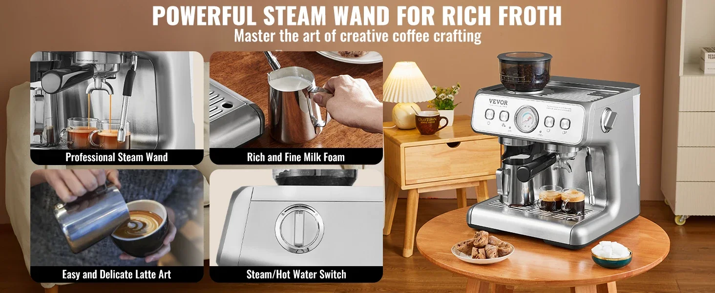 Description Picture 6 of itemMachine- Built in Grinder, 15 Bar Semi-Automatic Espresso Coffee Maker & Milk Frother Steam Wand for Latte and Ca