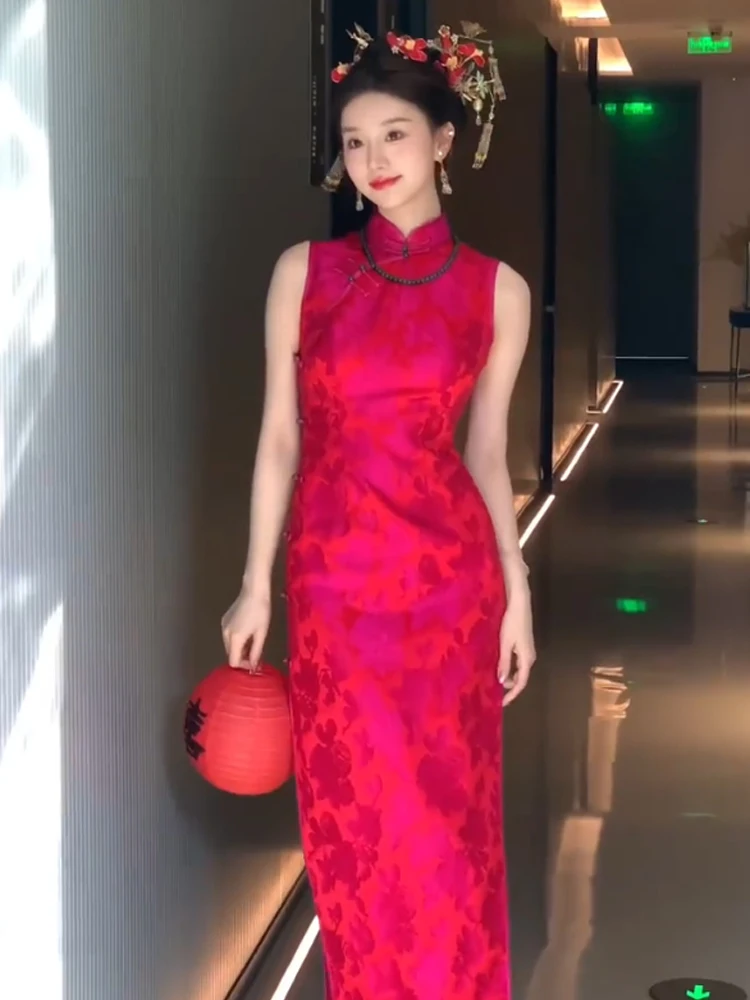 

Women's Bride Party Dress Rose Red Jacquard New Chinese Cheongsam Dress Toast Dress Morning Gowns