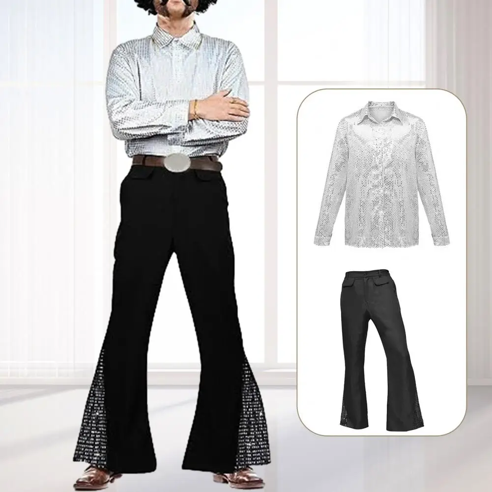 

Shirt Pants Retro Shiny Sequin Flared Pants Glossy Lapel Single-breasted Top Trousers Party Performance Clown Costume