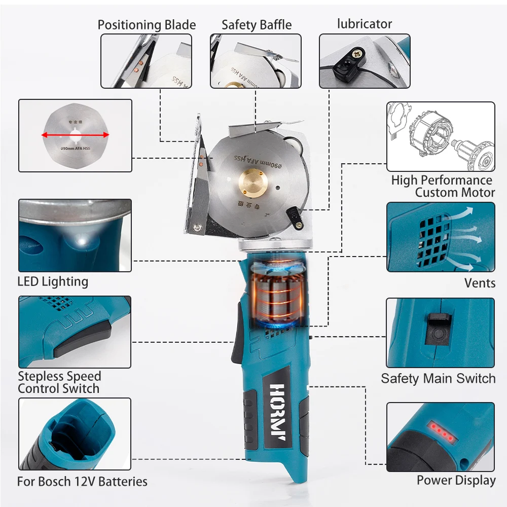 Hormy Electric Round Scissors Rotary Fabric Cutting Cloth Handheld Machine Leather Felt Cutting Power Tool For Bosch Battery 2
