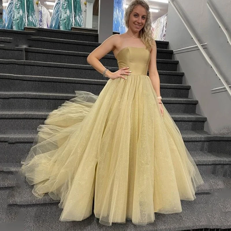 

Sexy Strapless Shiny Gold Party Dress Long Evening Dress Pleated Sexy Card Shoulder Tull Party Dress