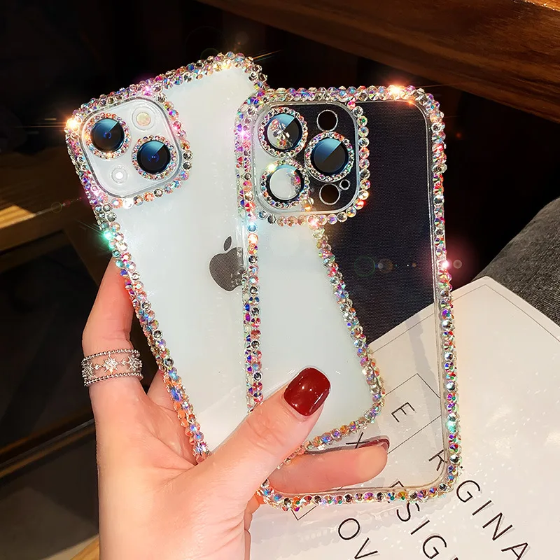 

2024 New Clear Colorful Diamond Phone Case with Camera Film for iPhone 15 14 13 12 11 Pro Max 15 14 Plus XS XR 78 SE2 Back Cover
