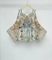 Women Crystal Beaded Jumpsuit Leopard Flower Print Off-Shoulder V-Neck High Waist Elegant Ladies 100% Silk Jumpsuit - Image 2