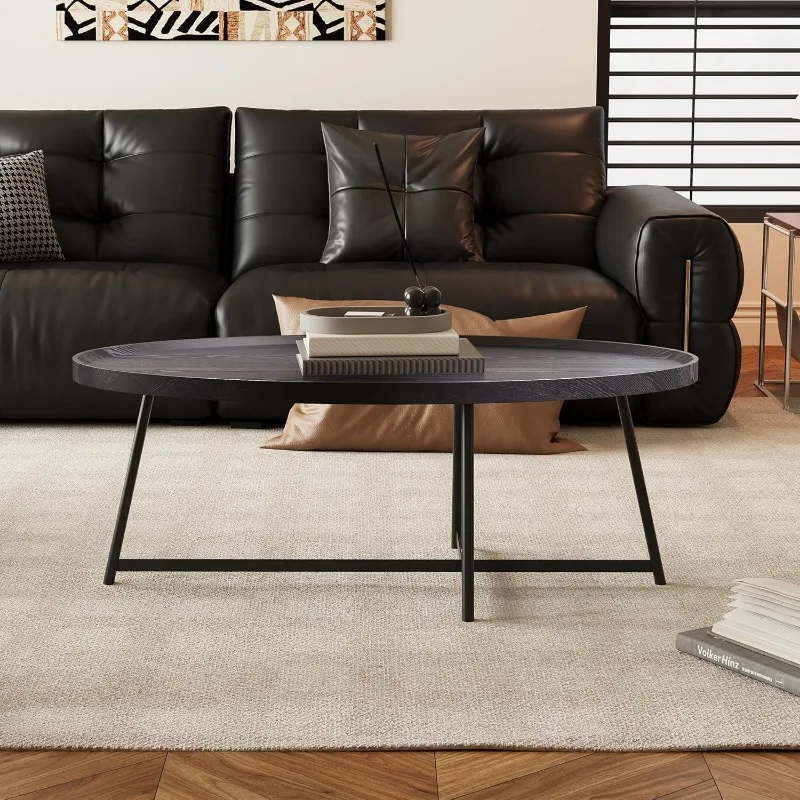 Modern Coffee Table, Oval Wood Coffee Table Center Table with Metal Leg for Living Room, 47 Inch Coffee Table Accent Furniture 6