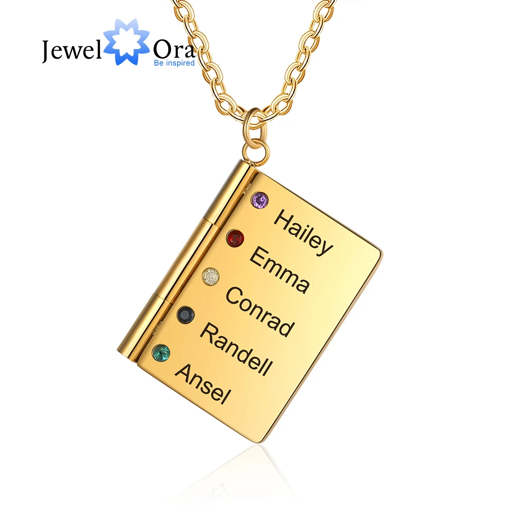 

Personalized Book Pendant With 5 Birthstones Custom Name & Phrase Mothers Day Stainless Steel Gold Necklaces Gift For Family