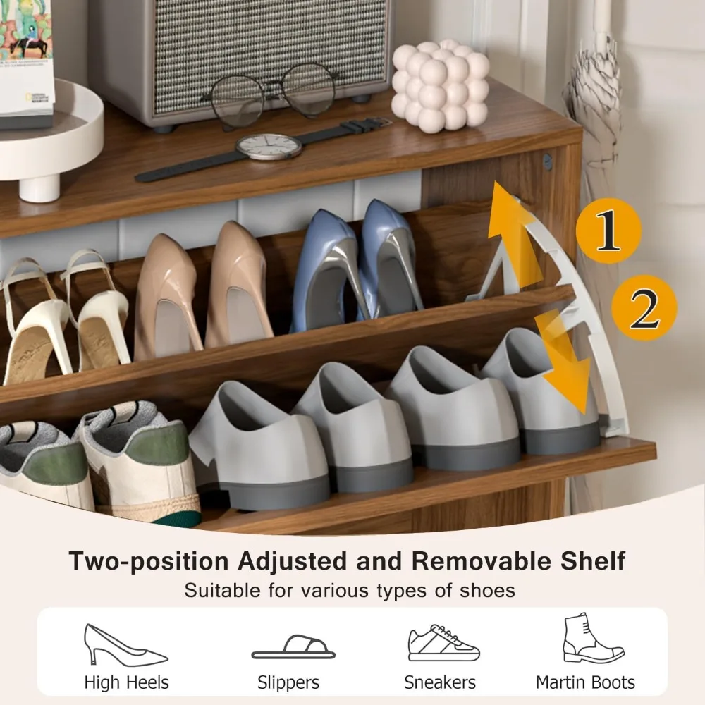 Shoe Storage Cabinet for Entryway with 2 Flip Drawers, Narrow Wood Shoe Cabinet with Fluted Panel, 5
