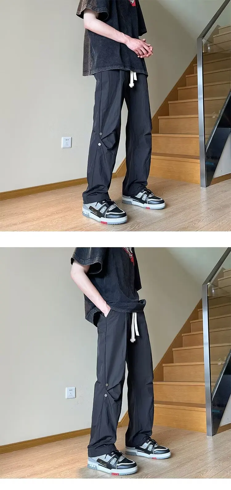 Description Picture 3 of item2024 Spring Straight Casual Pants Streetwear for Men Wide Leg Solid Color Cargo Pants Elastic Waist Harajuku Men's Pants