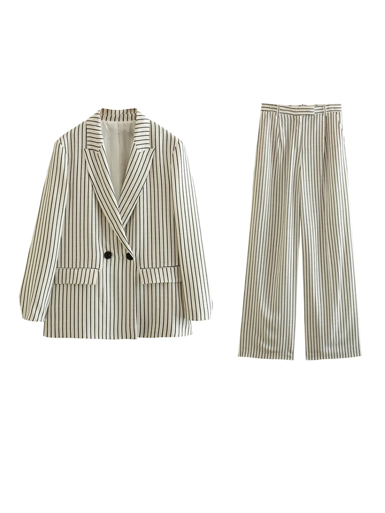 

TRAF 2023 Spring WomenNew Thin Striped Print Linen Office Suit Pants Side Pockets Wide Pant Female High Waisted Trousers
