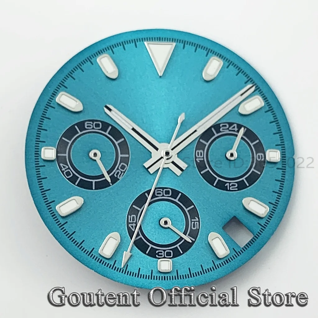 29.5mm Sky blue dial and 6-hand quartz movement Green luminous watch dial Suitable for VK63 quartz movement