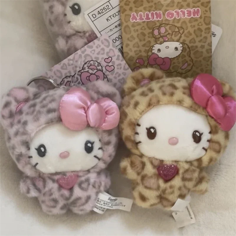 Sanrios Leopard Print Bear Series Hello Kitty Keychain Pendant Cartoon Kitty Cat Plush Doll Pendant Keychain Bag Decoration Gift