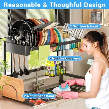 Over The Sink Dish Drying Rack (Adjustable Height/Length) Snap-On Design 2 Tier Large Dish Drainer Kitchen Organization 5