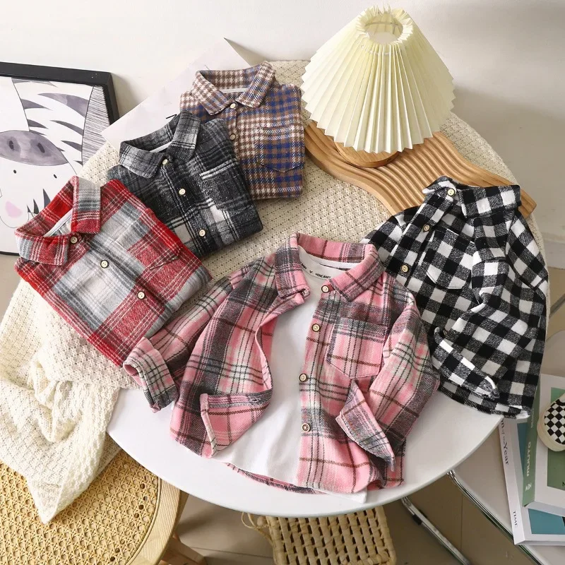Boys' Long-Sleeve Shirt Autumn Plaid Shirt Kids' Retro Patchwork Button-Down Top Girl's Version Also Available