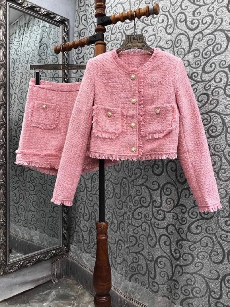 

High Quality New Tweed Wool Sets 2023 Autumn Winter Short Sets Ladies Pocket Deco Long Sleeve Wool Coat Jacket+Wool Short Suits