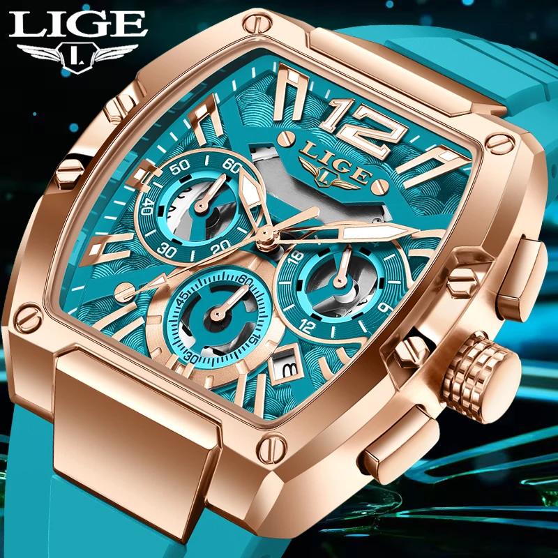 LIGE Creative Square Watch For Men Fashion Military Silicone Waterproof Quartz Man Wristwatch Outdoor Sports Date Chronograph