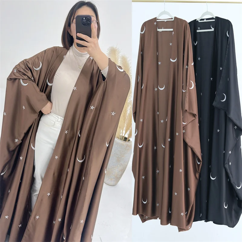 

Eid Ramadan Moon Embroidery Muslim Women Open Abaya Dress Turkey Dubai Kaftan Arab Robe Islamic Kimono Caftan Jalabiya Clothing