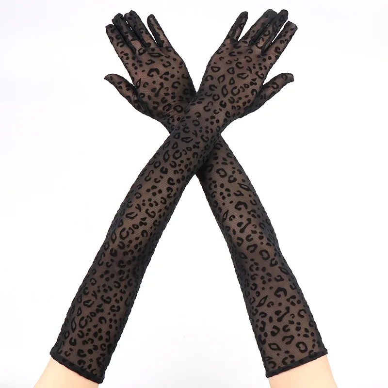 Sexy Leopard Print Spitze Mesh Lange Handschuhe Hohe Elastizität Frauen Party Halloween Cosplay Leistung Transparent Hohl Atmungsaktiv – Detail 1