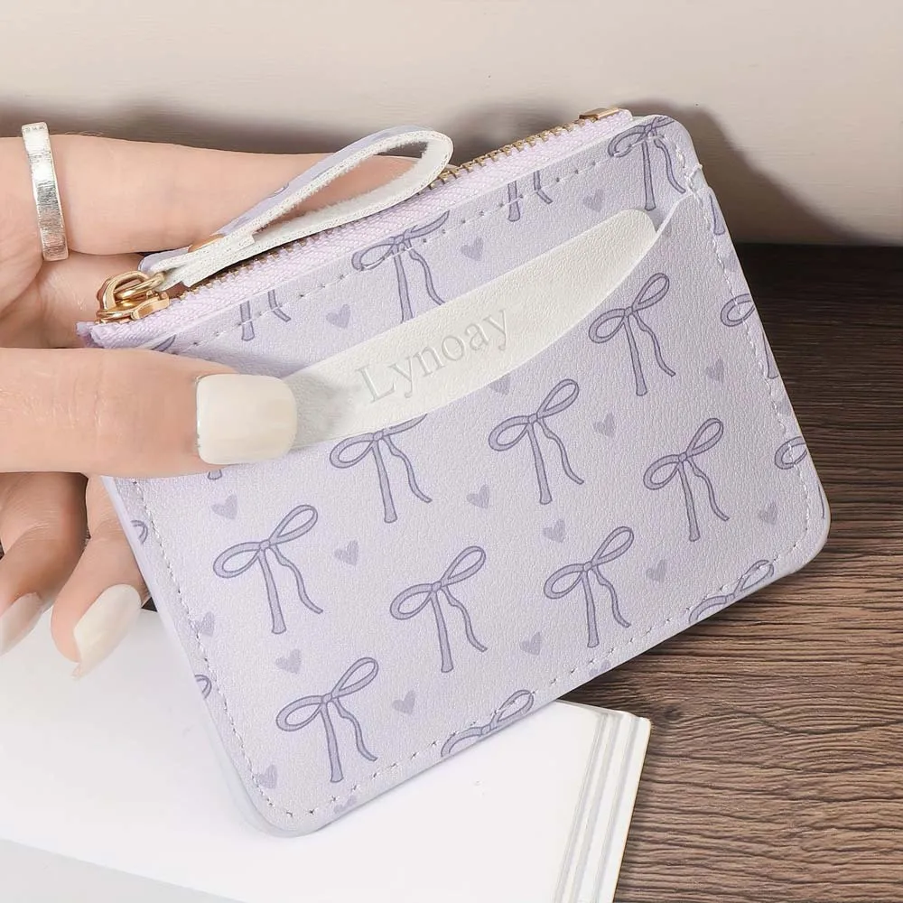 Portafoglio da donna con fiocco rosa, semplice porta carte in PU, portamonete ultrasottile con cerniera, piccolo portafoglio da viaggio porta carte di credito - immagine 2