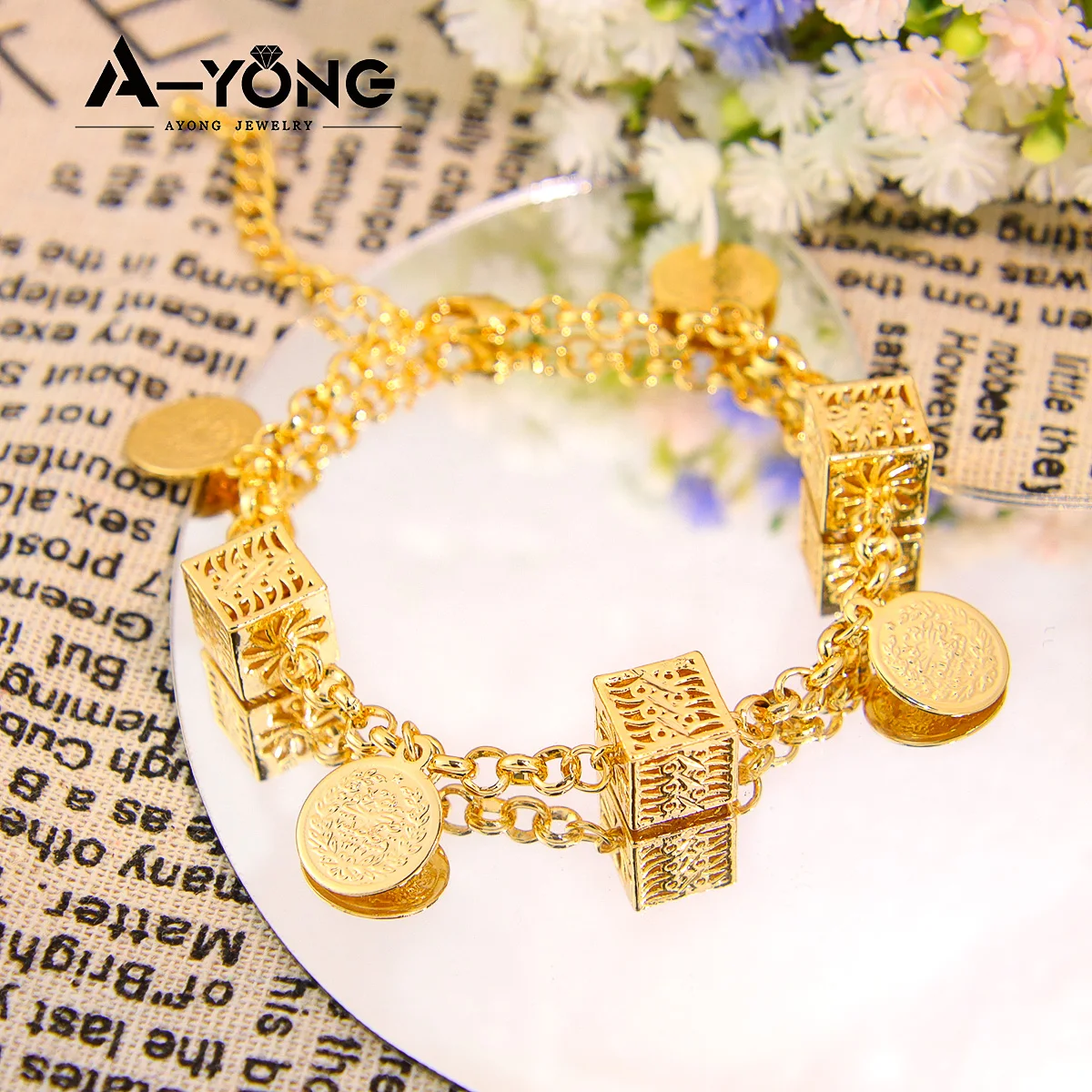 Arabische Mode Münzen Armband 21k vergoldet türkische schicke quadratische Anhänger Ketten Dubai muslimische Frauen Hochzeit Party Gold Schmuck – Detail 1