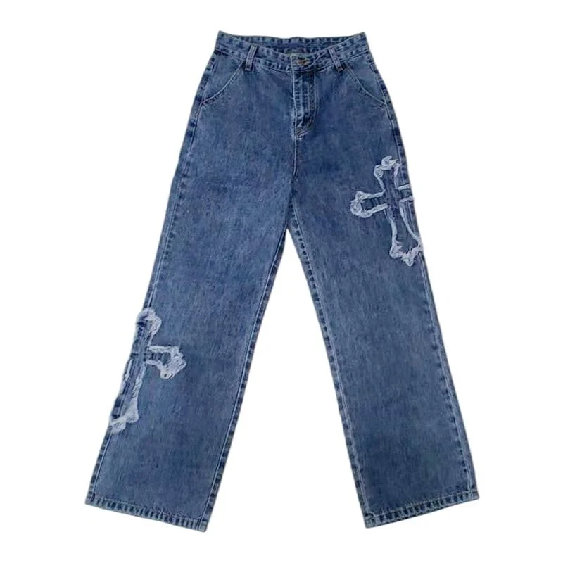 Y2k Cross Applique Jeans Woman High 