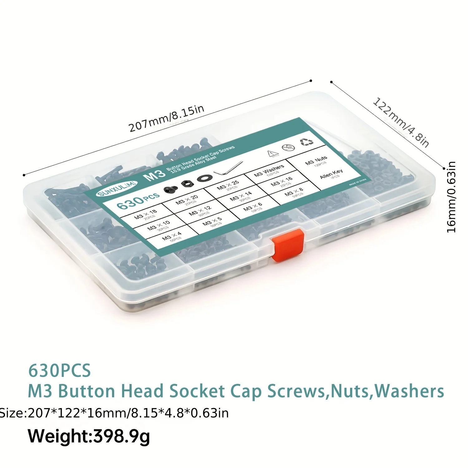 Button Head Socket Cap Screws Bolts And Nuts Flat Washers Assortment Kit, 10.9 Grade Alloy Steel