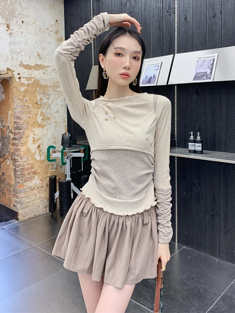 

Женская Однотонная рубашка в стиле ретро, лоскутный топ с круглым вырезом и длинными рукавами, женская одежда на пуговицах с соединением, Новинка лета 2023, M427