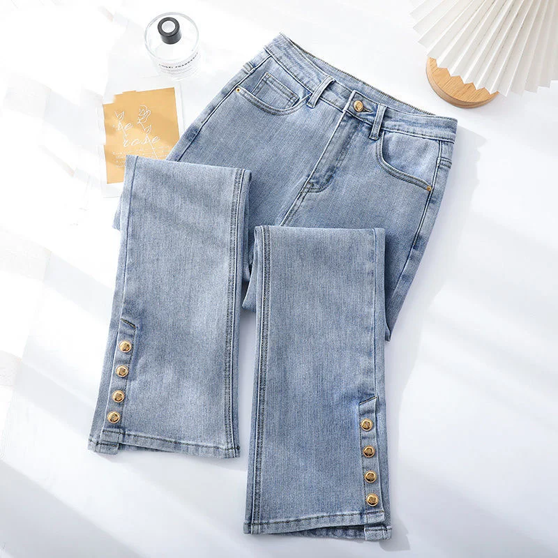 2023 Spring and Autumn Wear New Casual Fashion High Waist Slim Split Nine Point Jeans