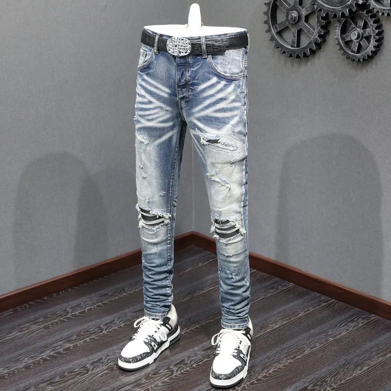High Street Fashion Men Jeans Retro Blue Stretch Skinny Fit Ripped Jeans Men Leather Patched Designer Hip Hop Brand Pants Hombre