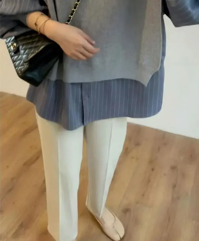 임산부 스트라이프 패치워크 셔츠, 턴다운 칼라, 니트 블라우스, 플러스 사이즈 임신 스웨터, 한국 스타일