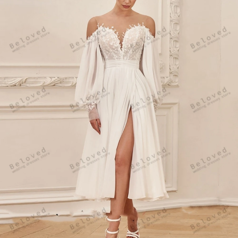 

Exquisite Wedding Dresses Chiffon A-Line Bridal Gowns Tea-Length Robes For Formal Party Off The Shoulder Vsestidos De Novia 2024