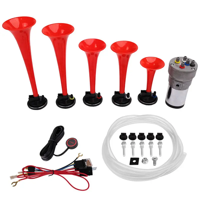 【最強5連ヤンキーホーン！125DB】12V シルバー トランペット ミュージカル 車 トラック ボートエアホーン クローム 12V 130DB 20A 5 クロームトランペットミュージカルエアホーン