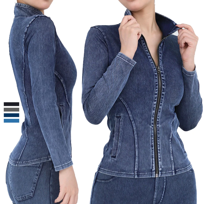 Women Gym Jacket Full Zip Long Sleeve Fitness Top Stretch Denim Coat Slim Fit Women Casual Running Jacket Sports Yoga Sweatshirt Yoga Jacket Sports Jacket