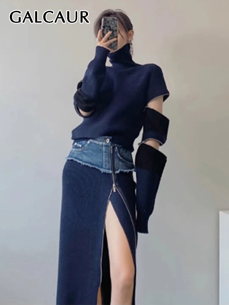 

GALCAUR Hit Color Two Piece Sets For Women Turtleneck Long Sleeve Top High Waist Spliced Denim A Line Skirt Casual Set Female