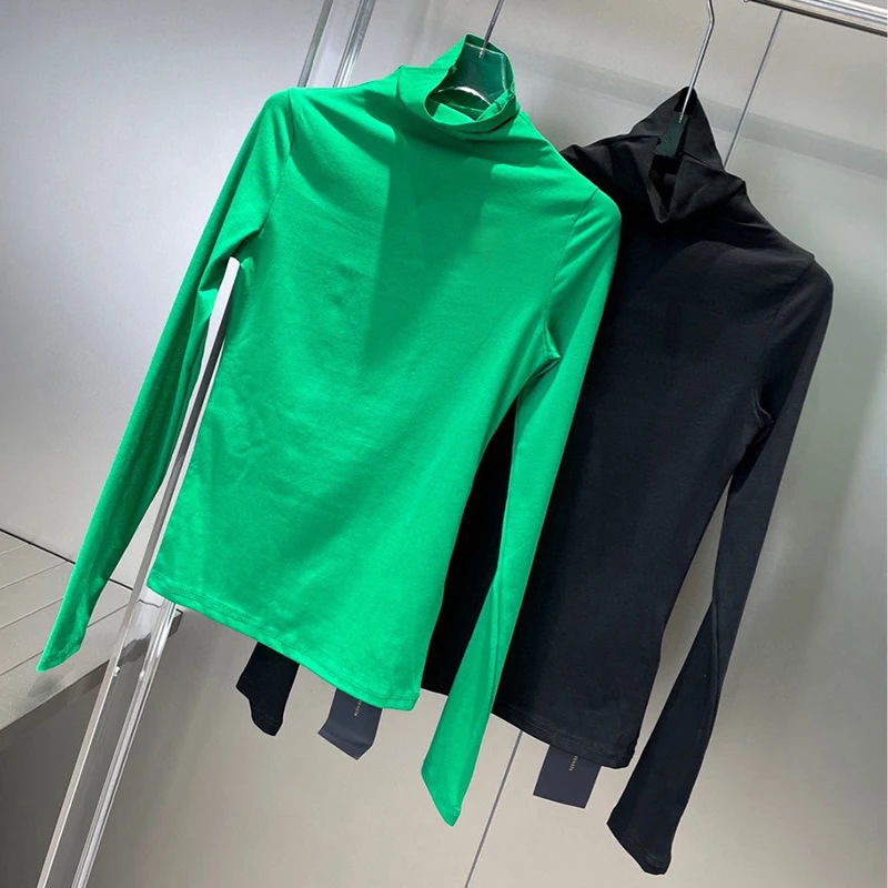 fresh hoods Turtle Neck Women Shirt Fashion BrandV High Quality Triangle LOGO Green Soild Color Slim Long Sleeve Ladies Undershirts pink hoodie