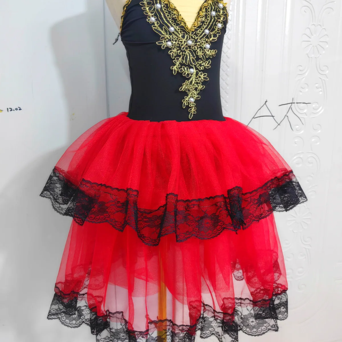 Spainish Red Ballet Tutu Skirt For Girls Soft Tulle Long Dress Performance Costumes
