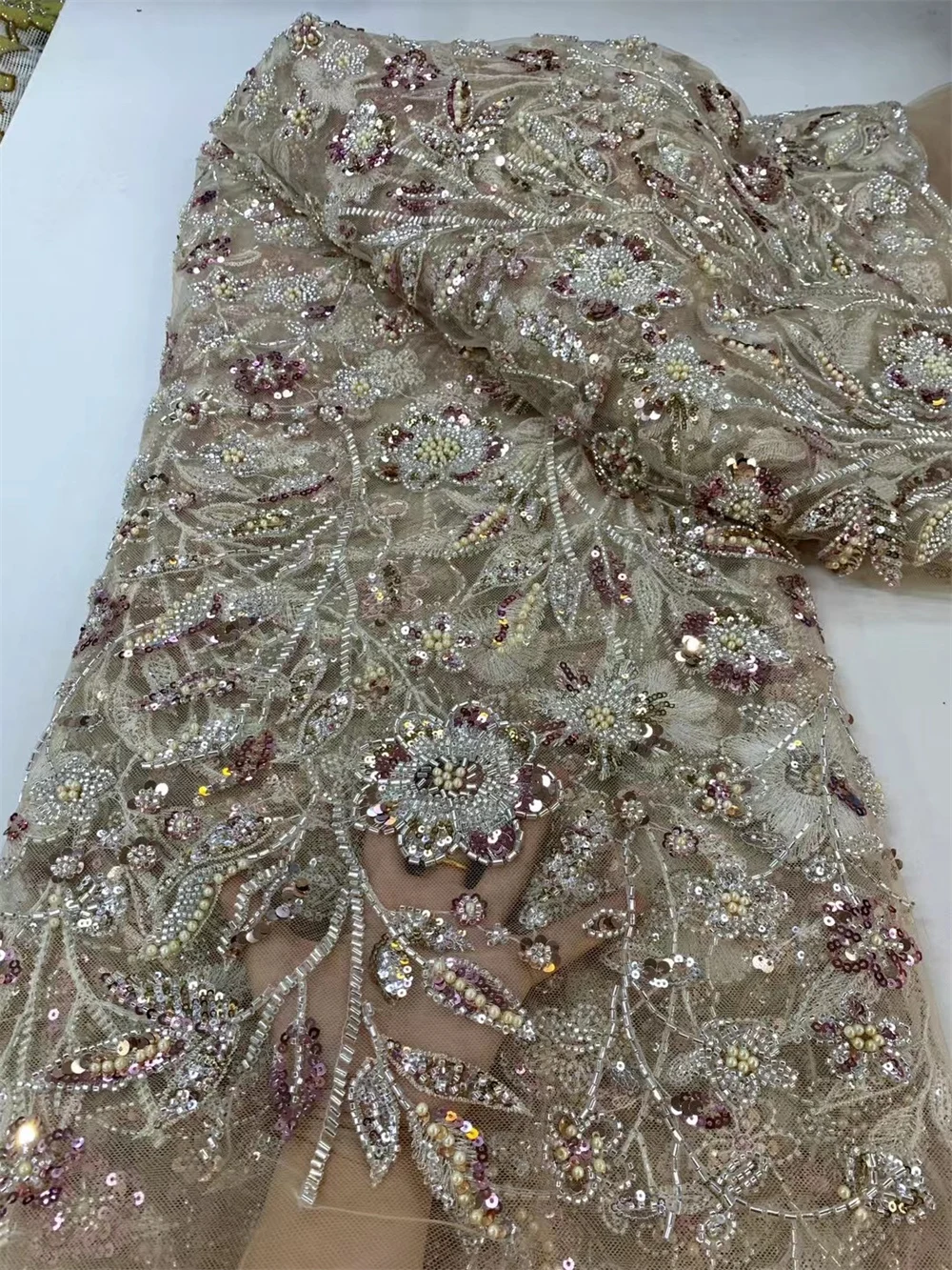 Luxury fabric High Quality French beads Sequin Lace Fabric African Groom Lace Fabric 5 Yards For Nigeria Wedding Party Dress