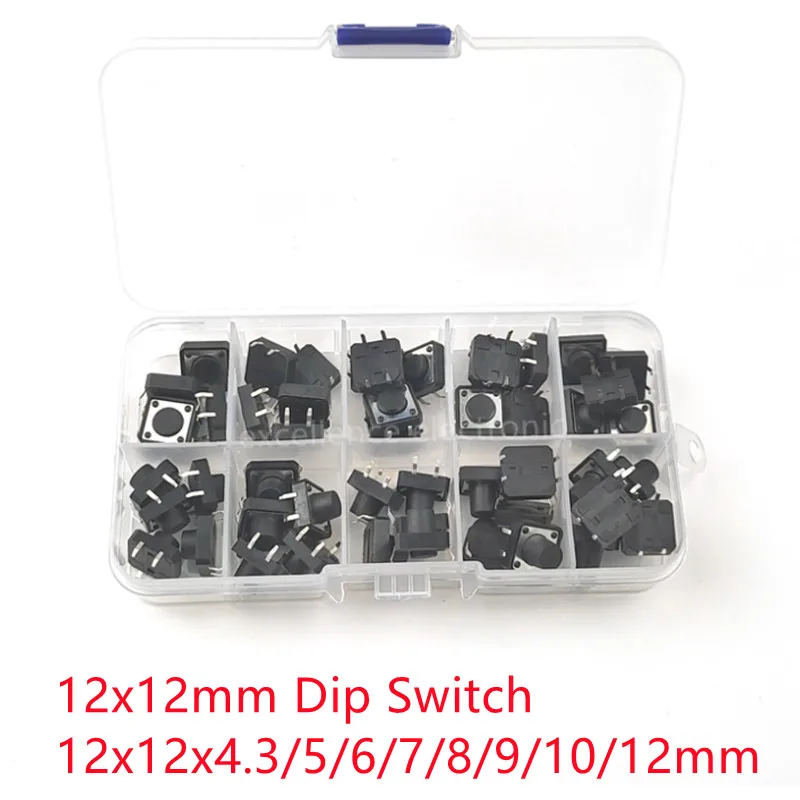 50 개/상자 12x12mm 패널 PCB 순간 촉각 전술 미니 푸시 버튼 스위치 DIP / SMD 4pin 12x12x4.3/5/6/7/8/10/12MM 12*12*4.3MM