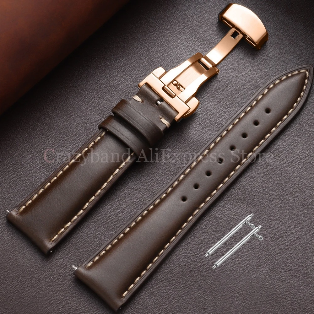 Premium Oil Wax Discoloration Calf Leather Watch Strap with Butterfly Buckle