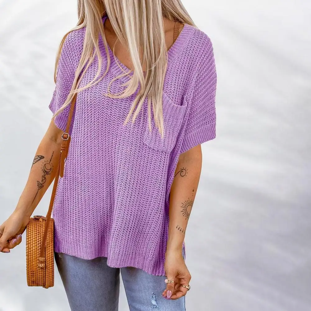 

Women Sweater Solid Clor V Neck Knitted Short Sleeve Split Hem Patch Pocket Soft Loose Pullover Lady Fall Winter Sweater