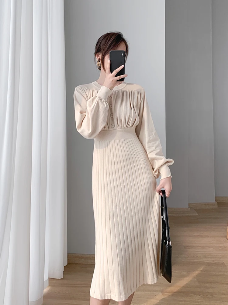 

Women O-Neck Lantern Sleeve Knitted Dress Autumn Winter Gentle Button Decoration Mid Length Version Over The Knee A-Line Skirt