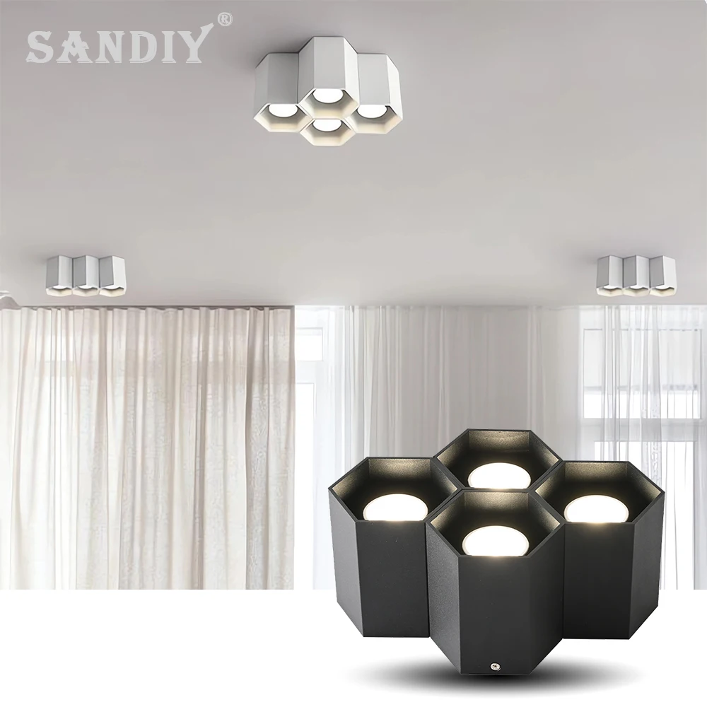 SANDIY 천장 조명 GU10 스포트라이트 육각형 다운 라이트 주방 거실 침실 복도 용 고휘도 천장 장착 LED 스팟 램프 미니멀리스트 가정용 조명기구 화이트 블랙 230v 220v 110v