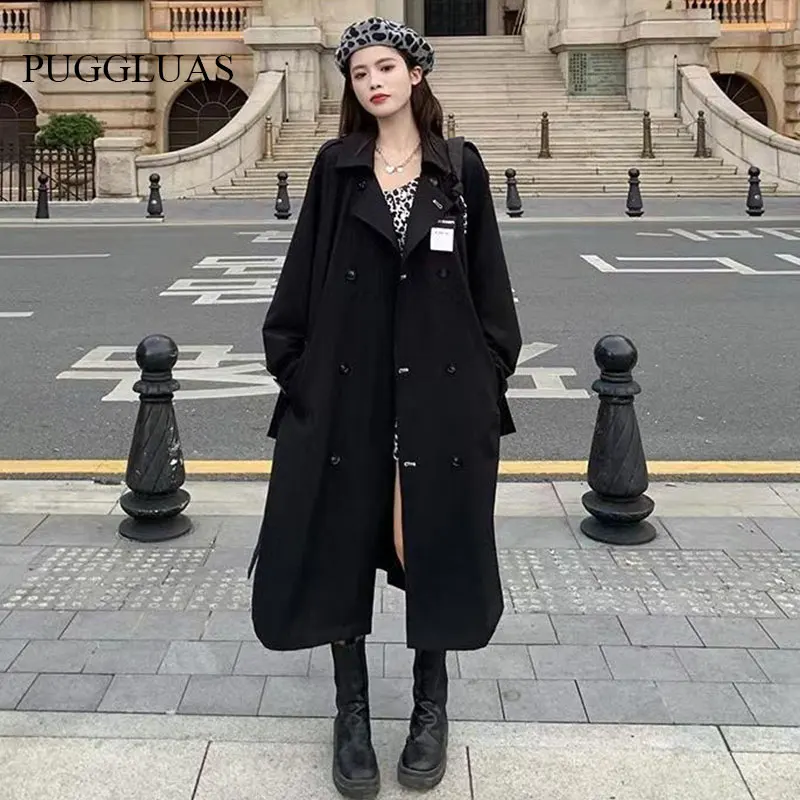 

Autumn Black Women's Long Trench Coat Fashion Korean Streetwear Casual Jacket Loose Belt Outwear Thin Woman Harajuku Windbreaker