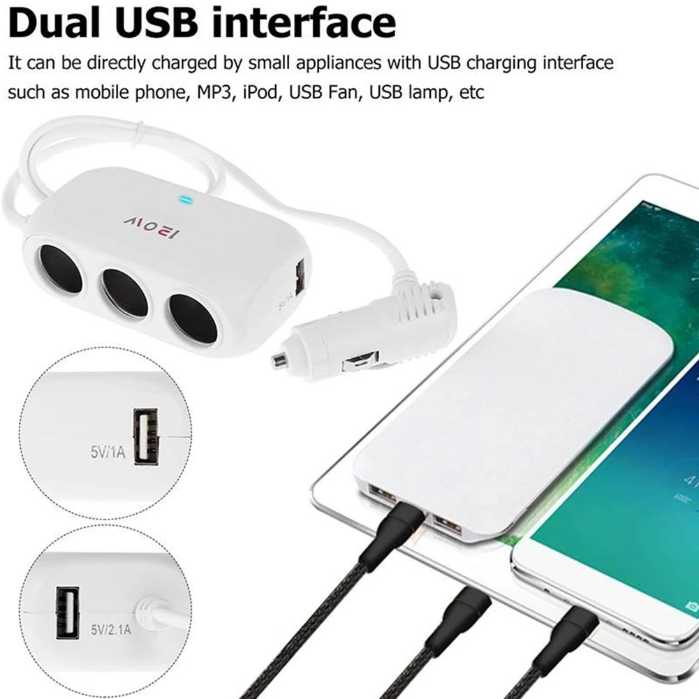 자동차 담배 라이터 소켓 3 소켓 담배 라이터 어댑터, 듀얼 USB 담배 라이터 전원 소켓, 아이폰 아이패드용 12V, 120W