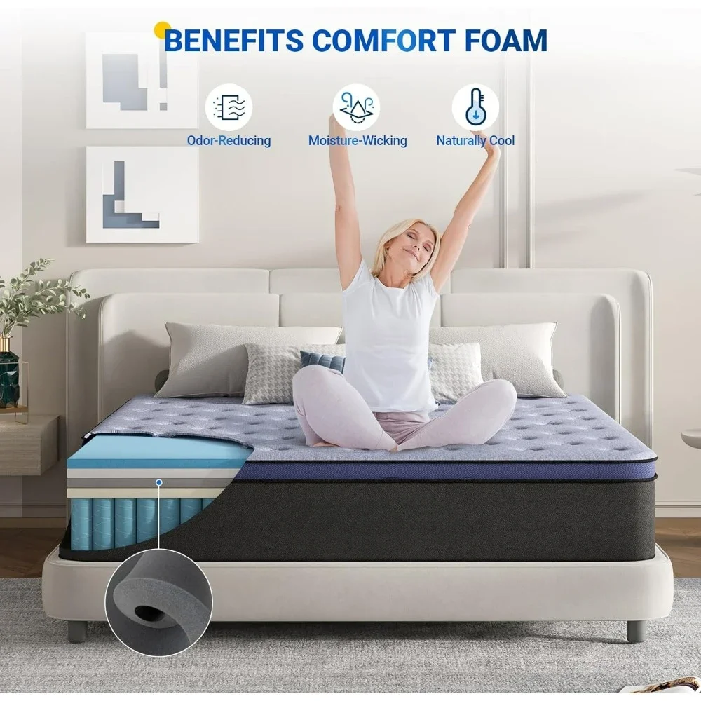 King Mattress, King Mattress in a Box, 12 Inch Hybrid Mattress King, Medium Firm,Pocket Innerspring for Motion Isolation,Comfort 3