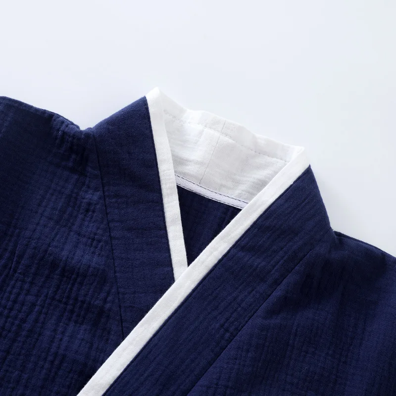 Spring Autumn Japanese Color Blocked Cotton Crepe Kimono Mens Pajamas Set Thin Lace-Up Top + Pants Loose Two-piece Male Homewear pajama sets