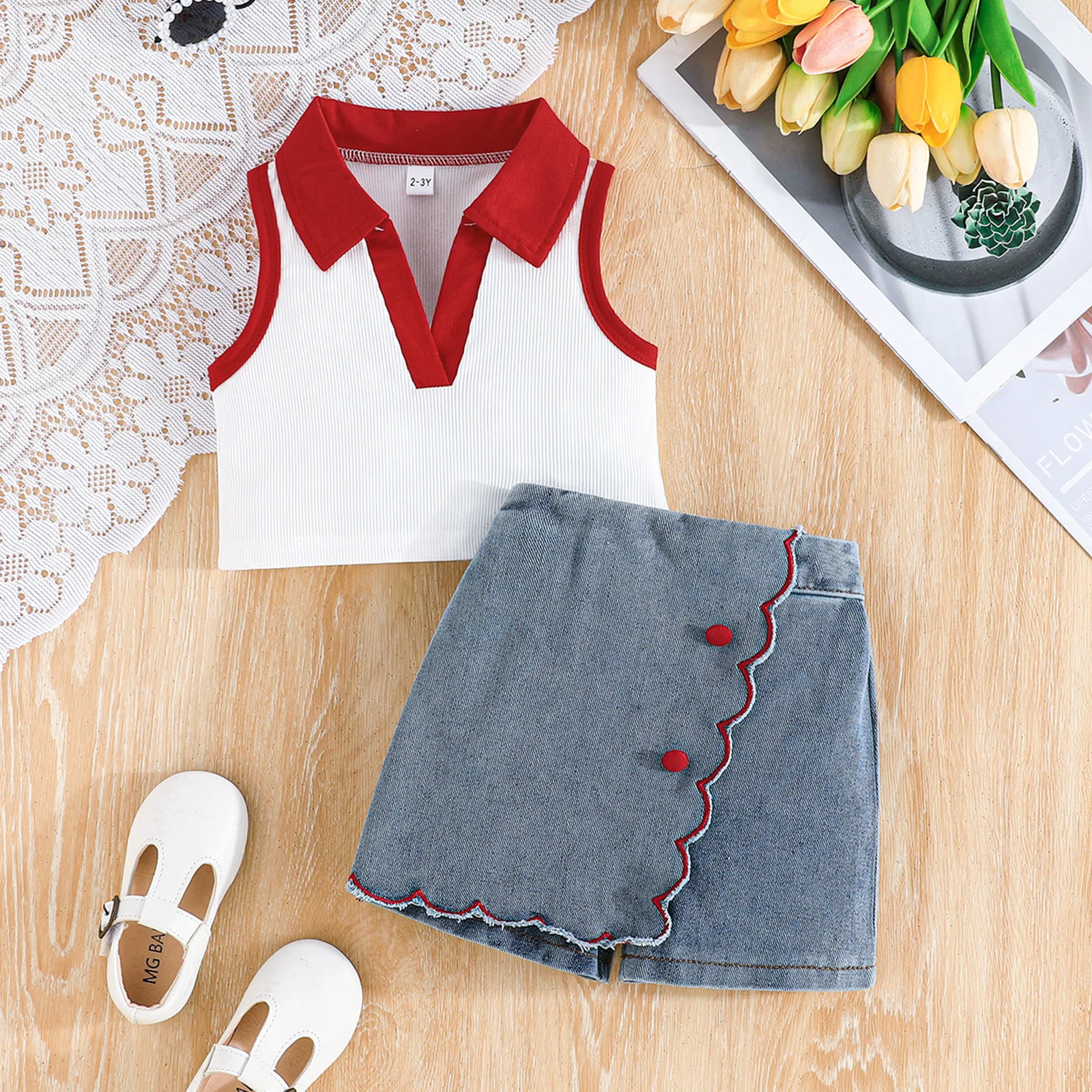 FOCUSNORM 2-7Y Mode Kleine Mädchen Sommer Kleidung Sets Kontrast Farbe Revers V-ausschnitt Tank Tops + Denim Röcke 2 stücke