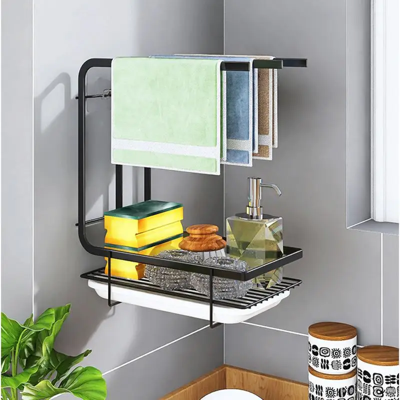 

Sponge Holder With 3 Towel Rods Sink Soap Brush Cleaning Cloth Rack Adhesive Wall Mounted Kitchen Sink Organizer for Bathroom