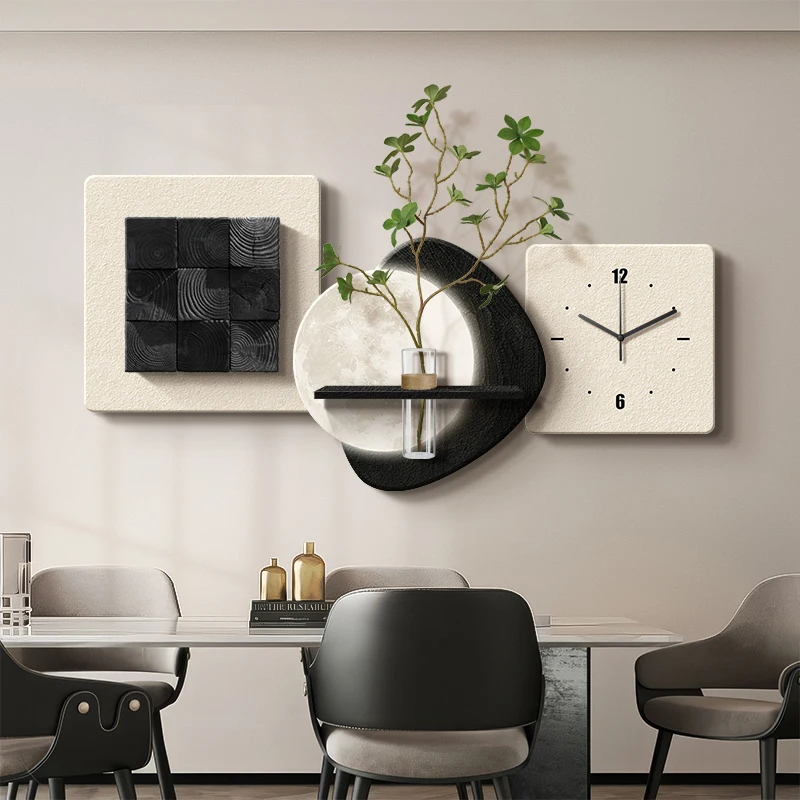 Luxury Hydroponic Green Plant Wall Art Vintage Stone Clock Painting Dining Room Living Room Mid Century Modern Home Decoration