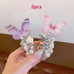 Butterfly Headband Duo for Girls - Cute Pearl & Floral Design Hair Accessories (2Pcs Pink Purple)